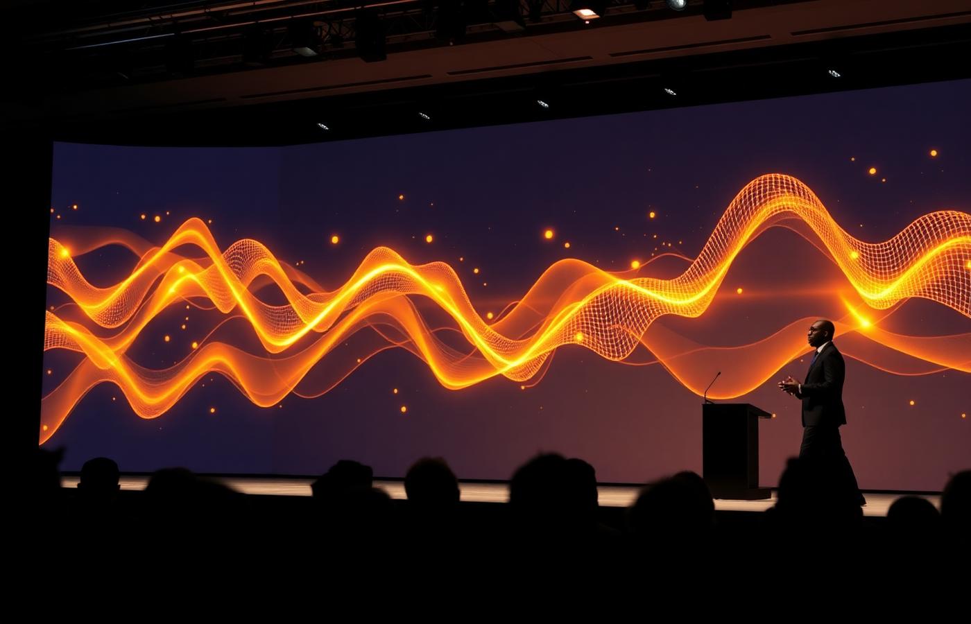 Keynote speaker on stage in front of a golden light installation